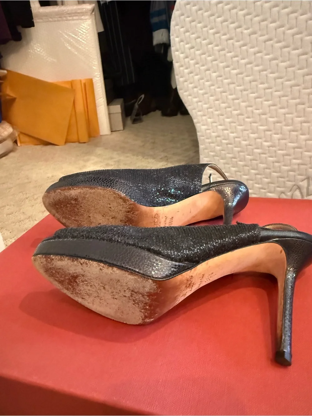 Jimmy Choo Black Sparkle Slingback Peep-Toe Heels